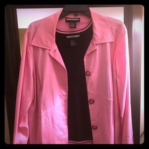 Pink jacket with black shell trimmed in pink.